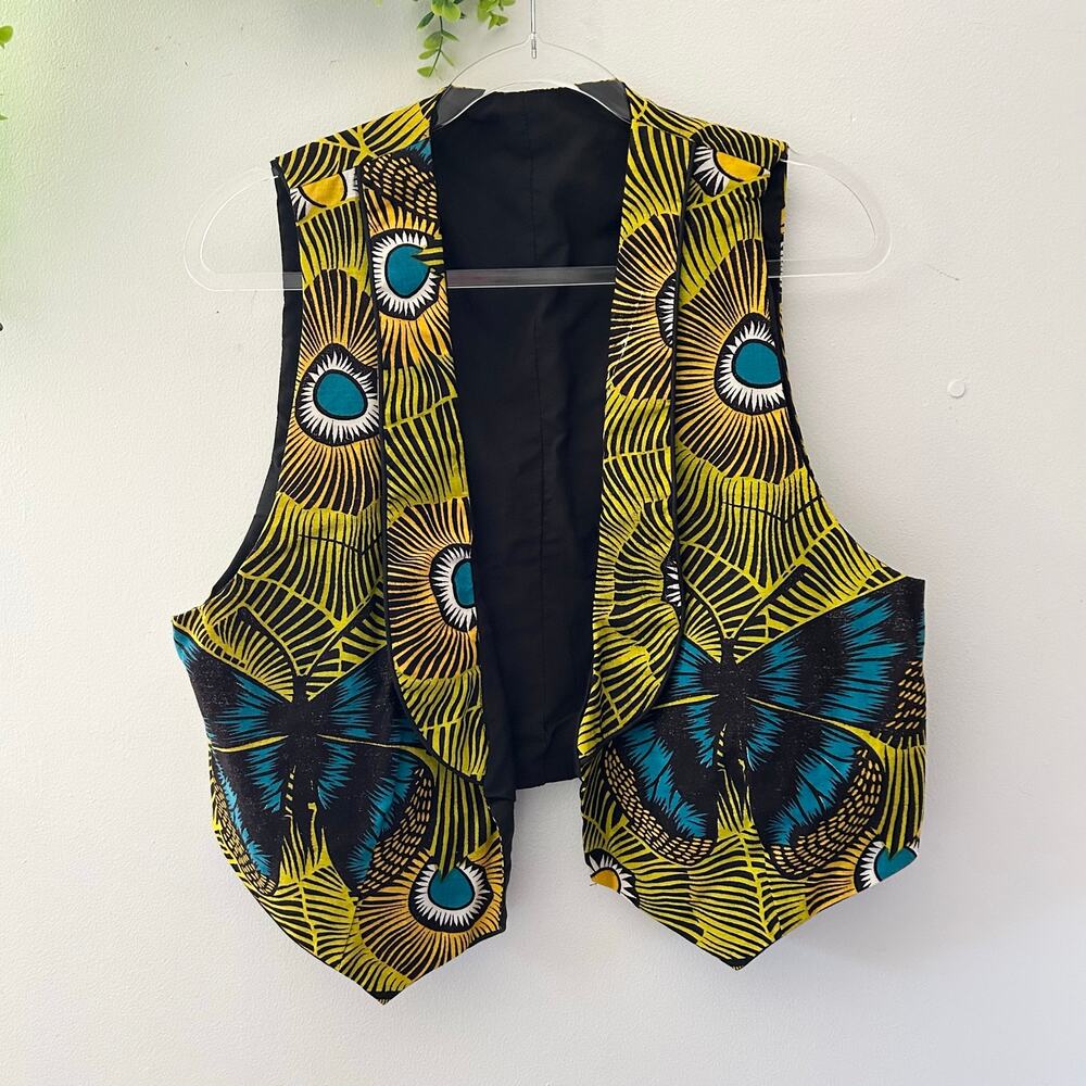 Open Front Sleeveless African Wax Print Butterfly Peacock Yellow Blue Vest